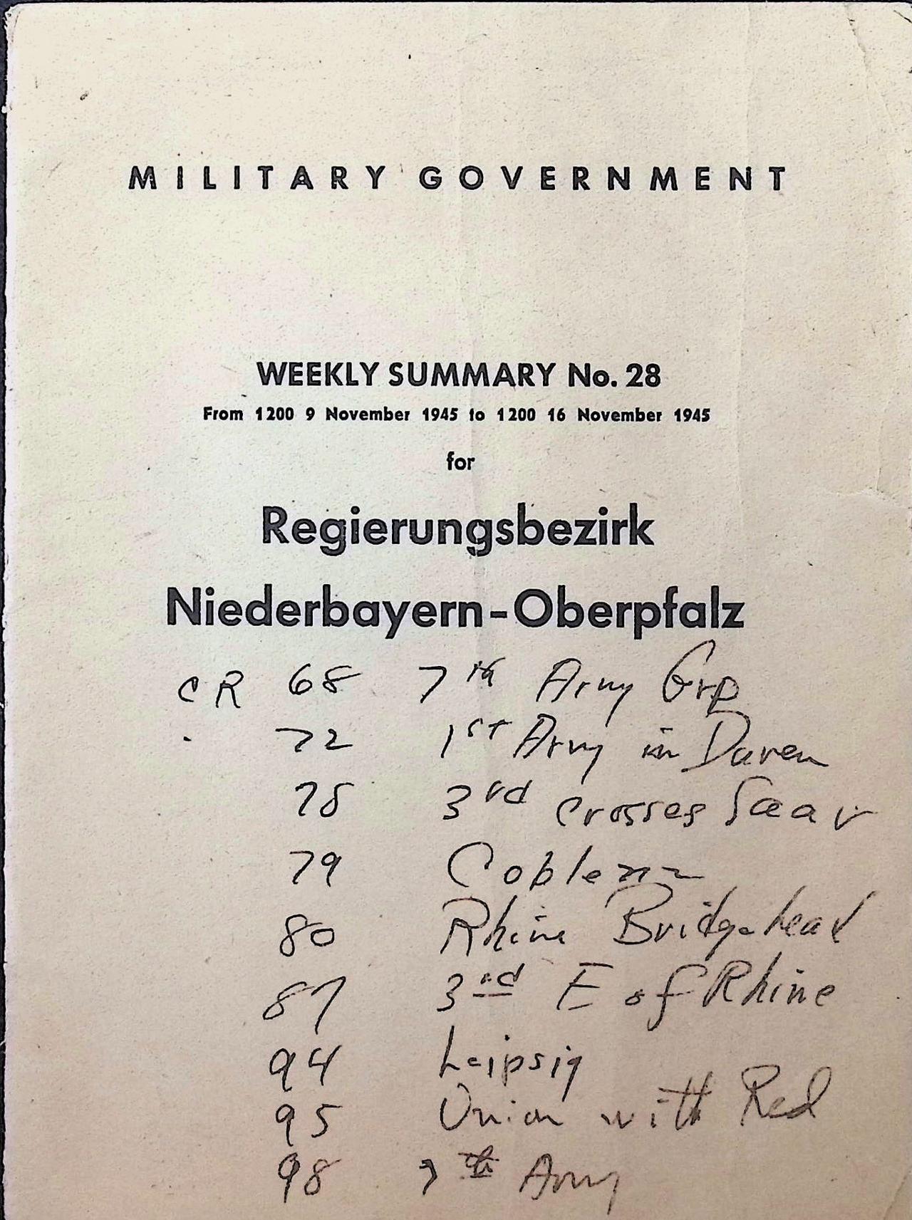 Military Government Weekly Summary No. 28: Regierungsbezirk Niederbayern-Oberpfalz